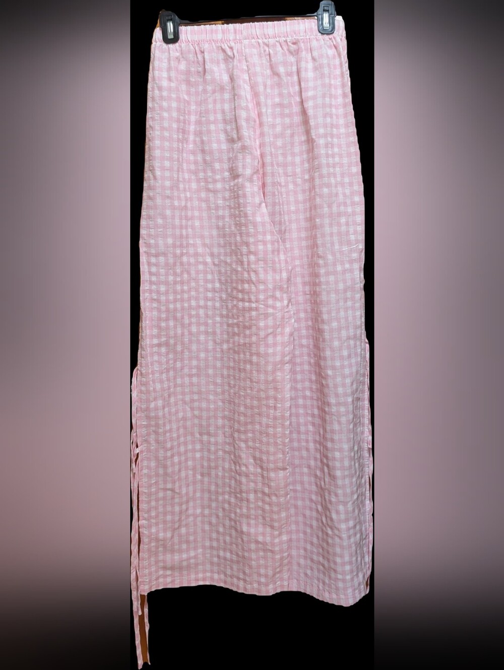 Pink Gingham Lightweight Elastic Waist Pants With Tie Sides